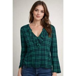 Vintage Chaps Tartan Plaid Ruffle Top Long Sleeve Green Preppy Womens XL